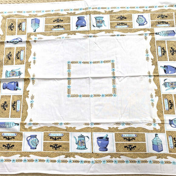 Vintage Mid Century Cotton Tablecloth Colonial Motif Blue & Tan 40" X 50" Flaw - Picture 7 of 10
